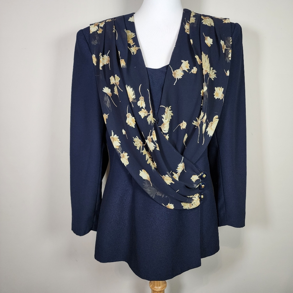 Vintage 80s Navy Blue Floral Wrap Blouse Sheer Draped Layer Shoulder Pads Large
